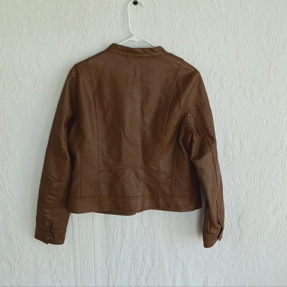 A.nd Tan Leather Moto Jacket Brown Cropped Biker Classic Heavy Cool Zippers Larg - Picture 7 of 10